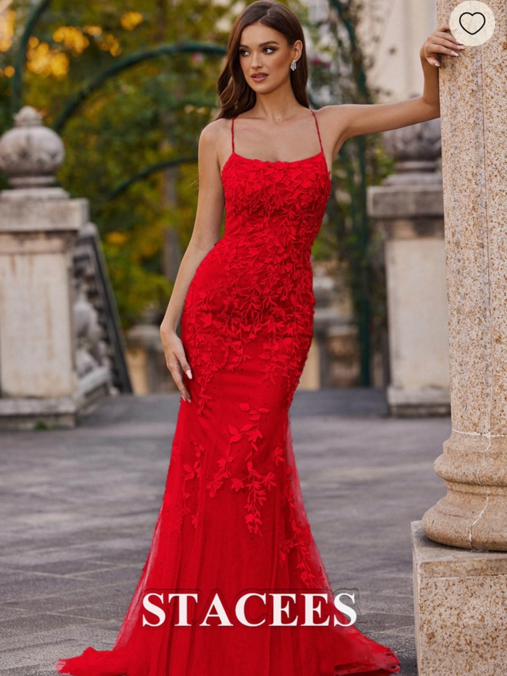 Stacees Red Floral Appliqué Spaghetti-Strap Prom Gown